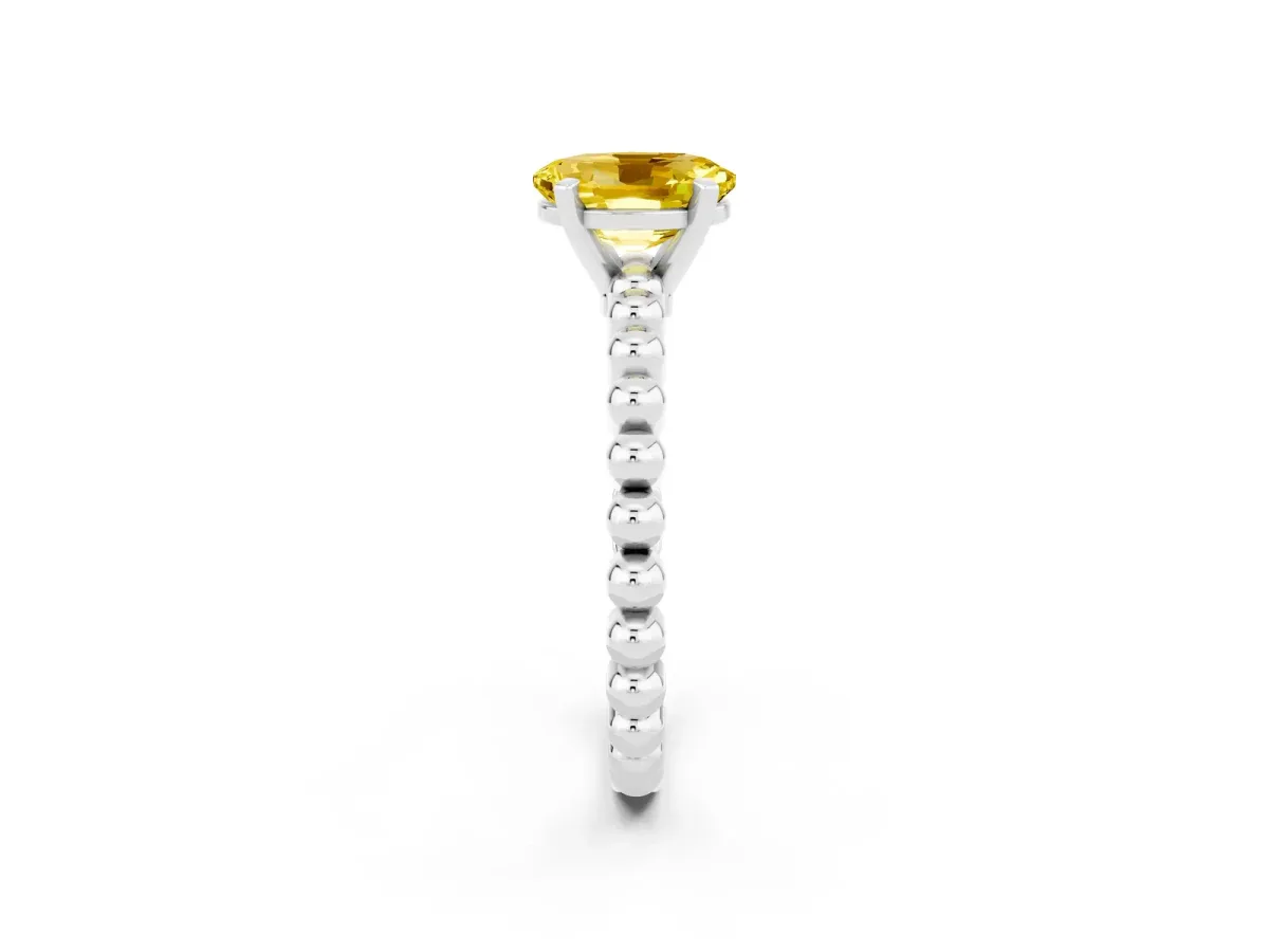 Oval Cut Yellow Sapphire Solitaire Ring with Beaded Band and Prong Setting Platinum