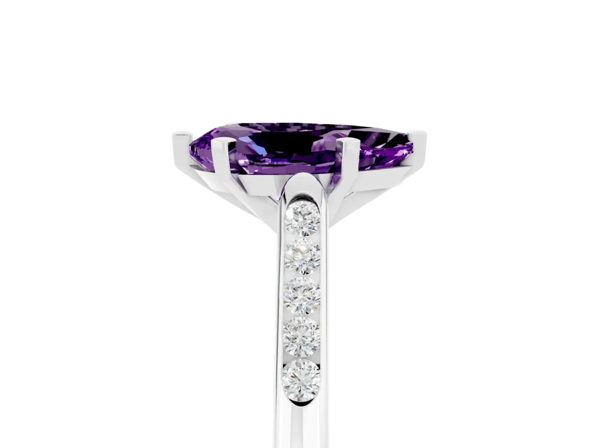 Pear Cut Amethyst Solitaire Ring with Channel Set Round Band and Prong Setting Silver