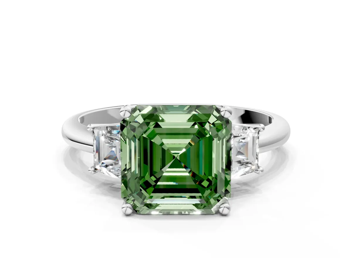 Fancy Green Asscher Cut Diamond Three-Stone Ring with Trapezoid Side Stones and Prong Setting Silver