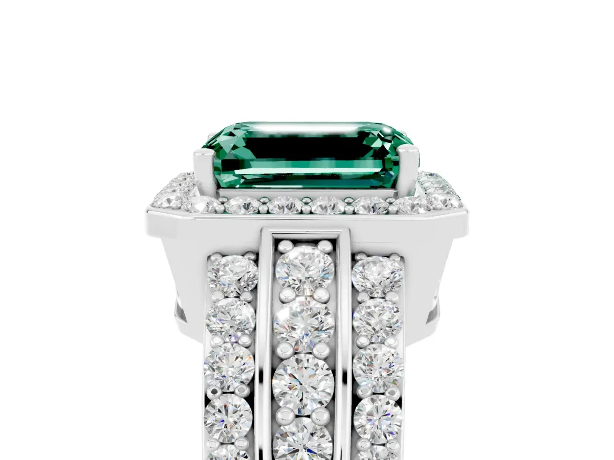 Emerald Cut Halo Green Sapphire Ring with Round Split Shank and Prong Setting Platinum