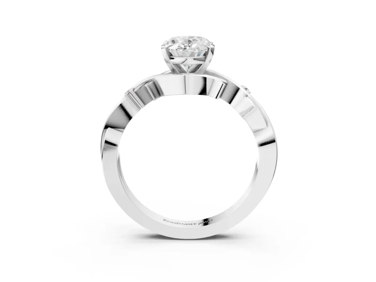 Oval Cut Diamond Solitaire Ring with Twisted Band and Prong Setting Silver