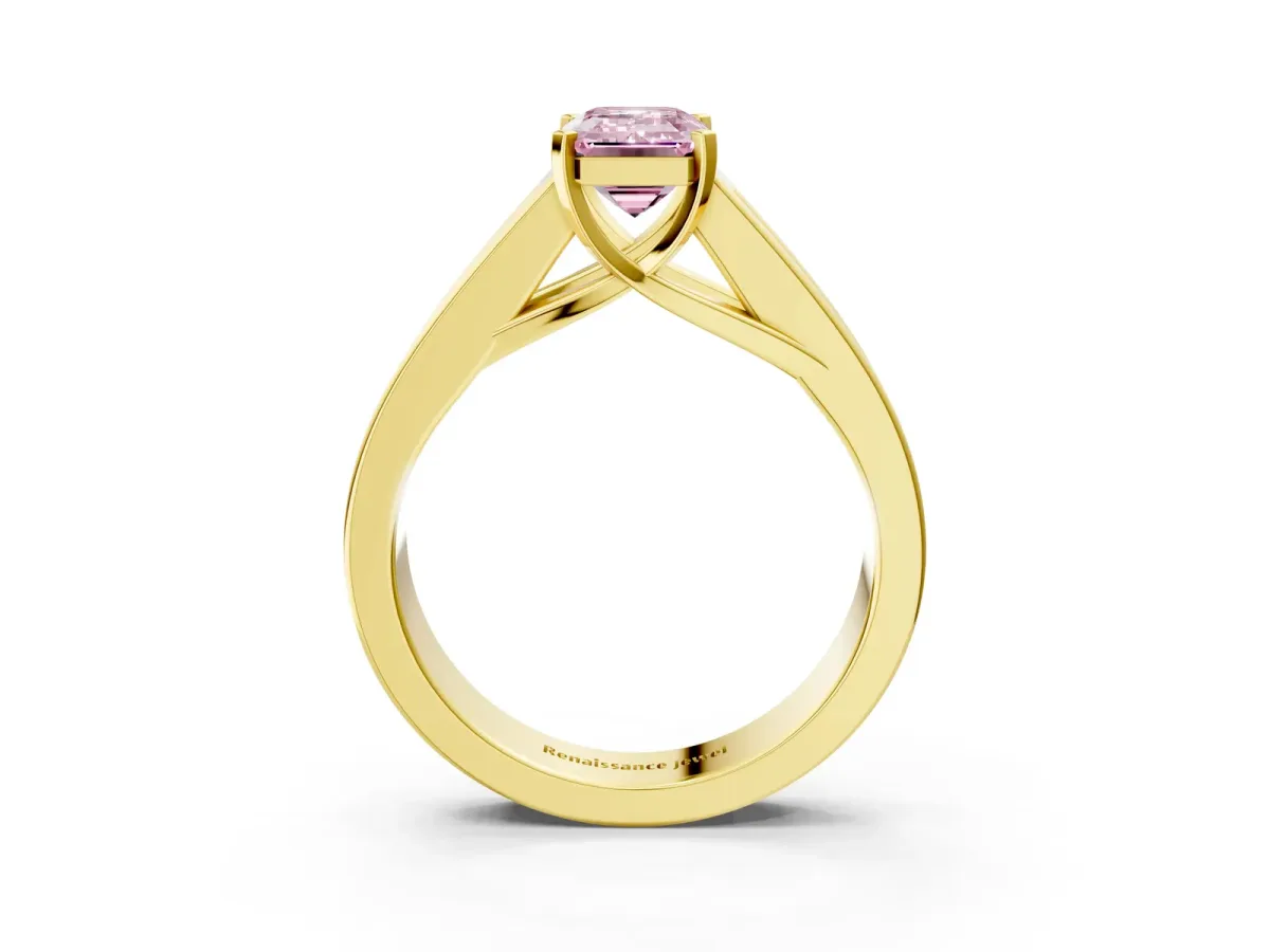 Fancy Pink Emerald Cut Cut Channel Set Solitaire Ring with Four-Prong Setting Yellow gold