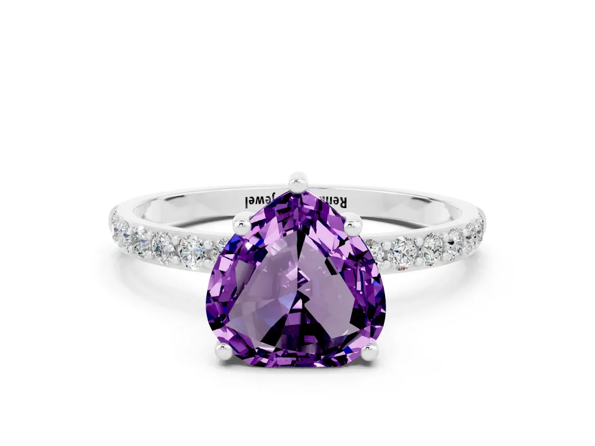 Heart Cut Amethyst Solitaire Ring with Round Pavé Band and Prong Setting Silver