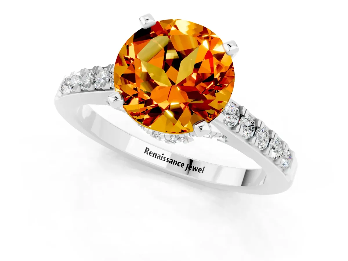 Round Cut Citrine Solitaire Ring with Crossover Gallery and Round Pavé Band Silver