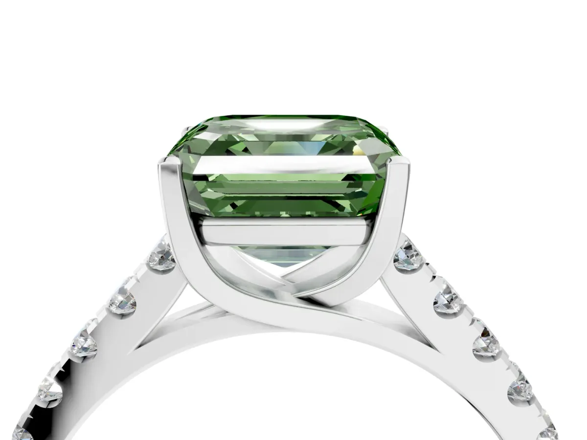 Fancy Green Asscher Cut Diamond Pavé Band Solitaire Ring with Prong Setting Platinum