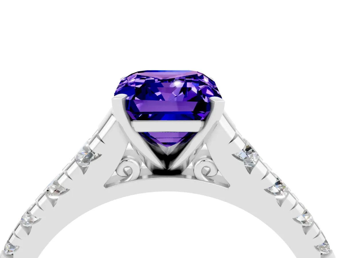 Emerald Cut Tanzanite Cathedral Solitaire Ring with Round Pavé Band Silver