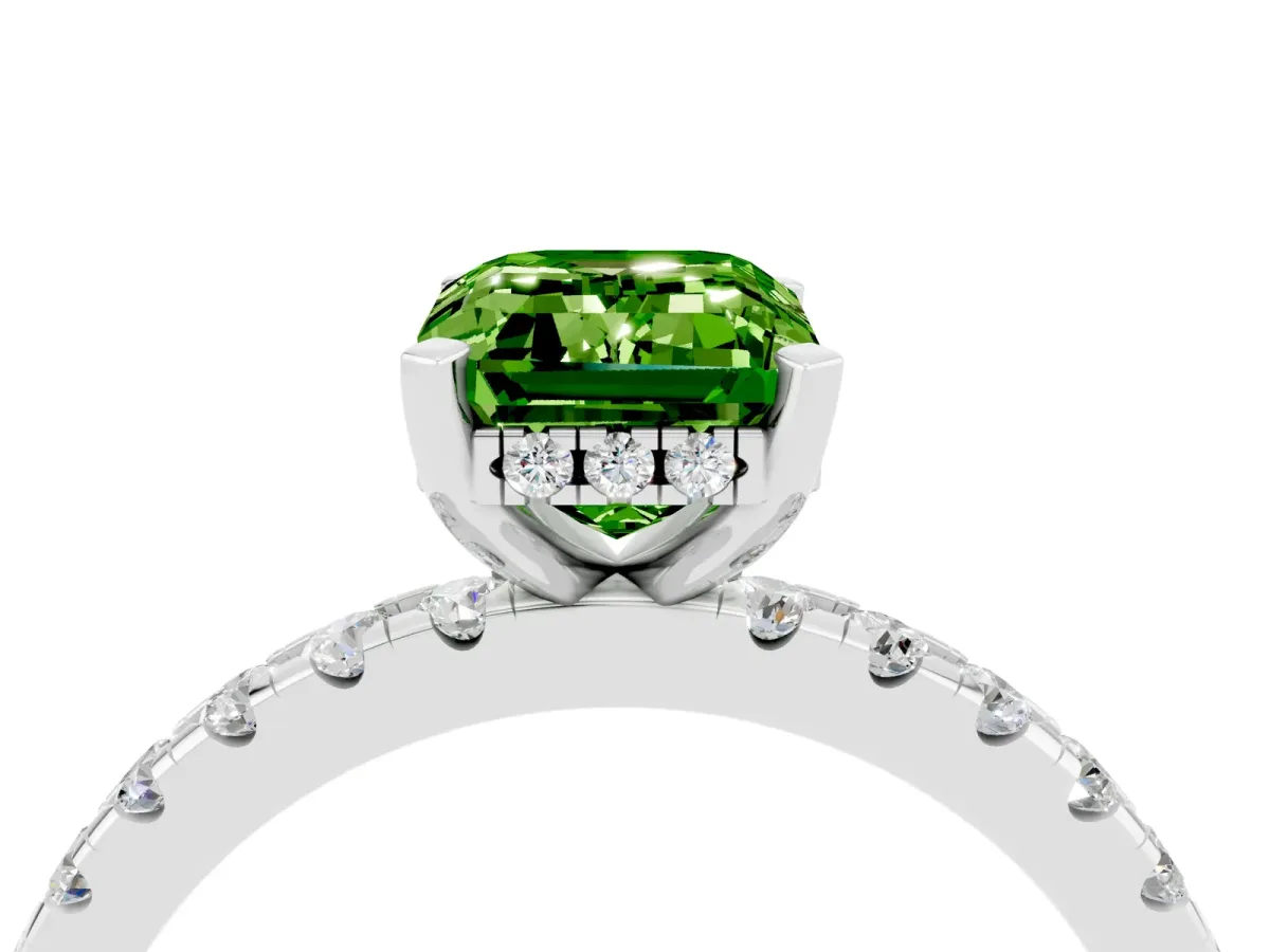 Emerald Cut Peridot Solitaire Ring with Round Pavé Band and Four-Prong Setting Silver