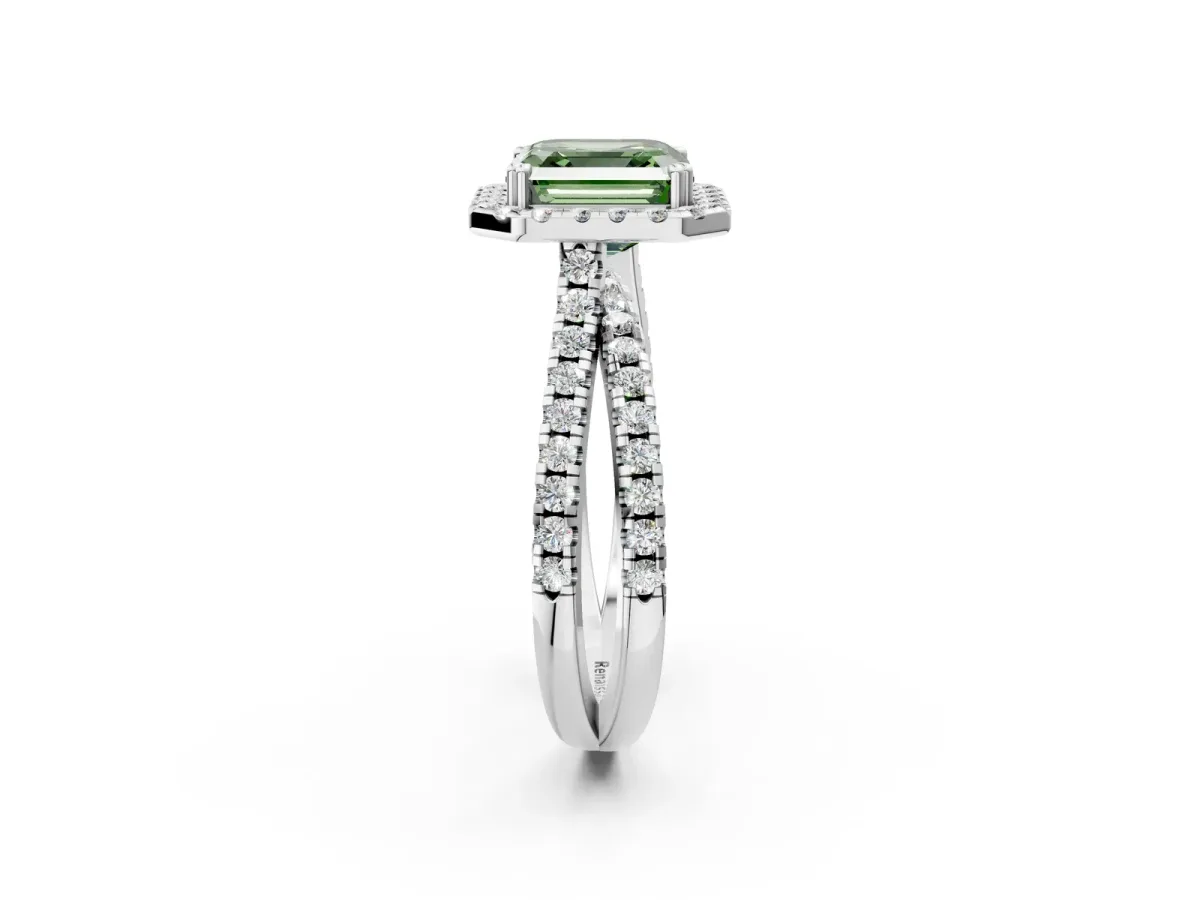 Fancy Green Asscher Cut Halo Split Shank Diamond Ring with Pavé Setting Platinum