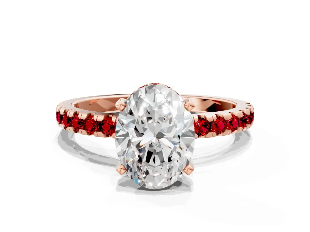 Oval Cut Diamond Solitaire Ring with Round Ruby Pavé Band and Four-Prong Setting Rose gold