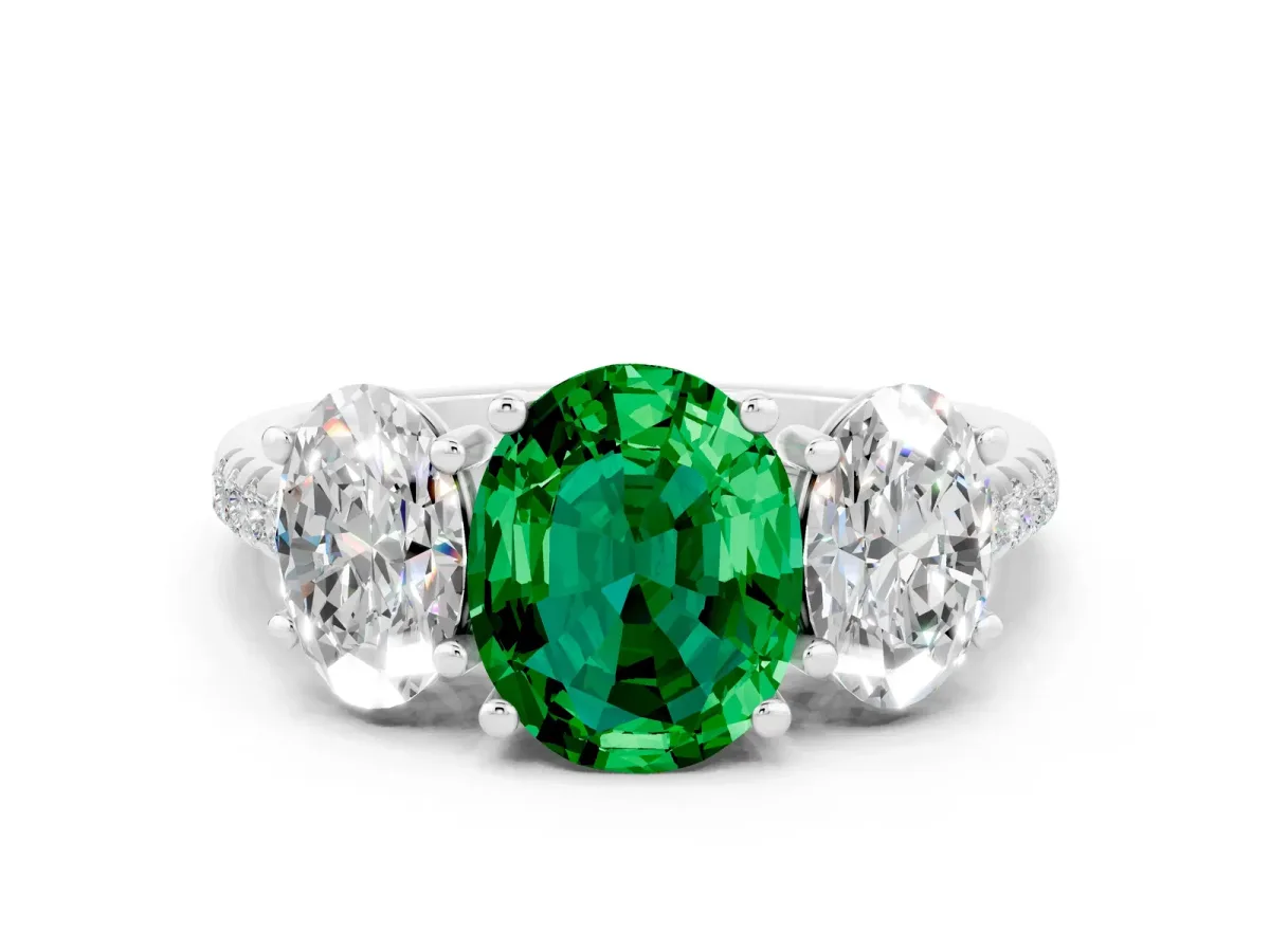 Three-Stone Oval Cut Emerald Ring with Round Pavé Band and Prong Setting Platinum