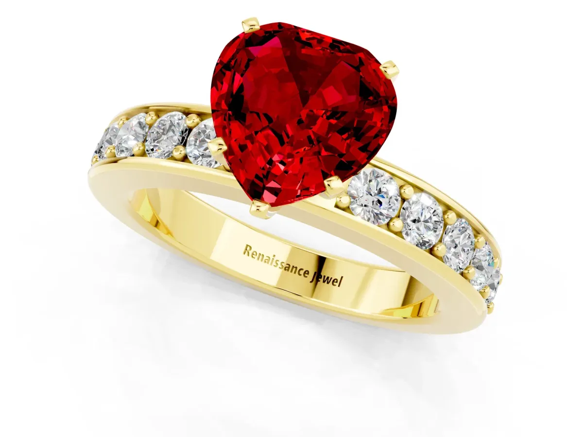 Heart Cut Ruby Engagement Ring with Channel Set Round Band and Prong Setting Yellow gold