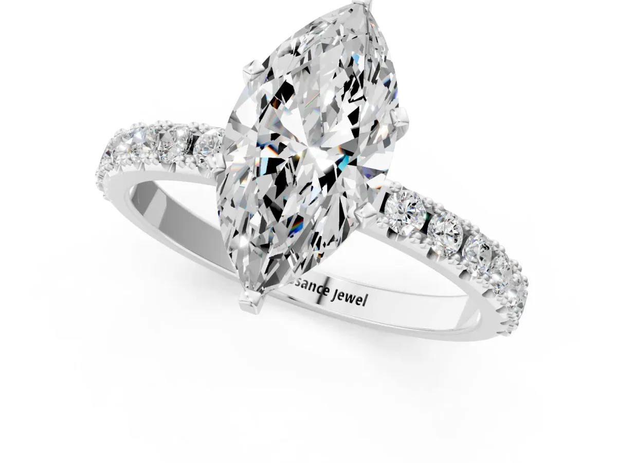 Marquise Cut Diamond Solitaire Pavé Band with Four-Prong Setting Silver