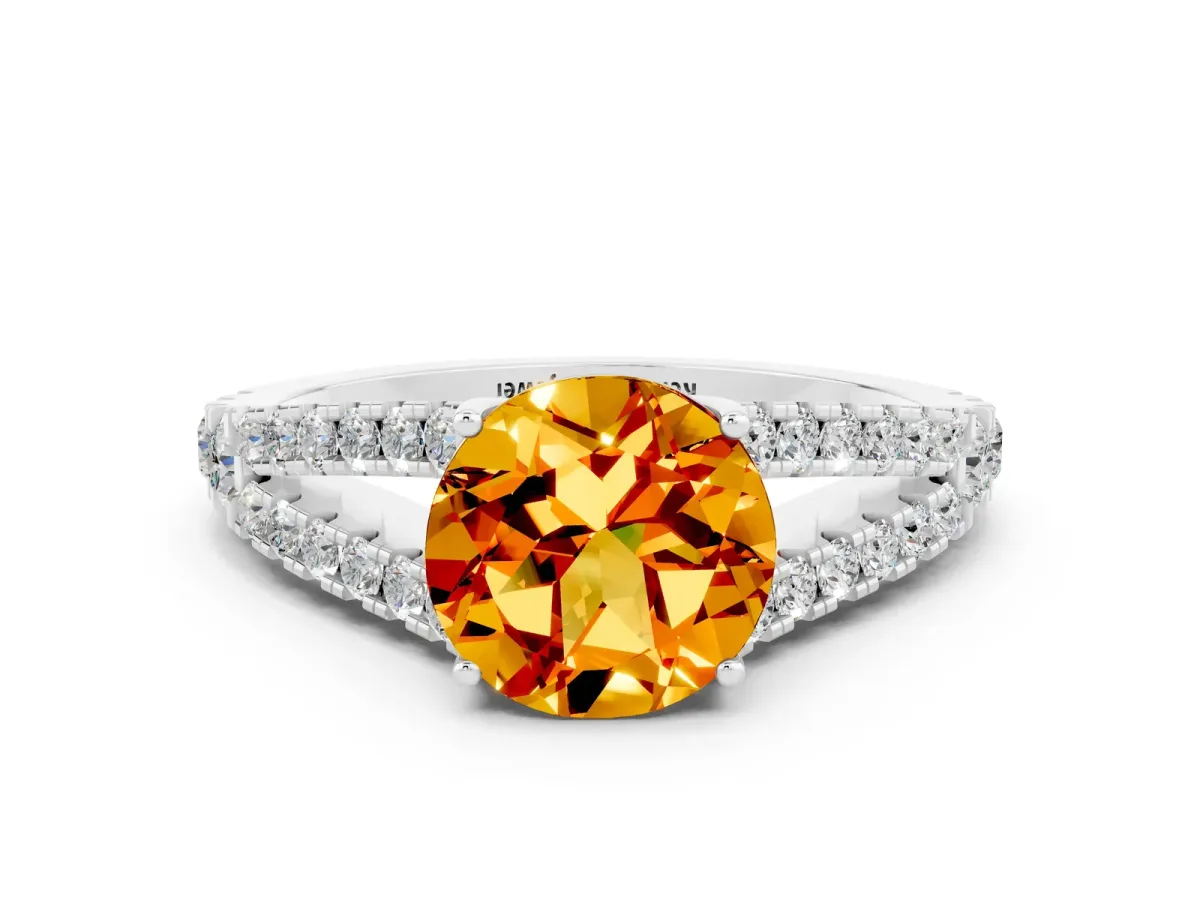 Round Cut Citrine Split Shank Engagement Ring with Round Pavé and Prong Setting Platinum
