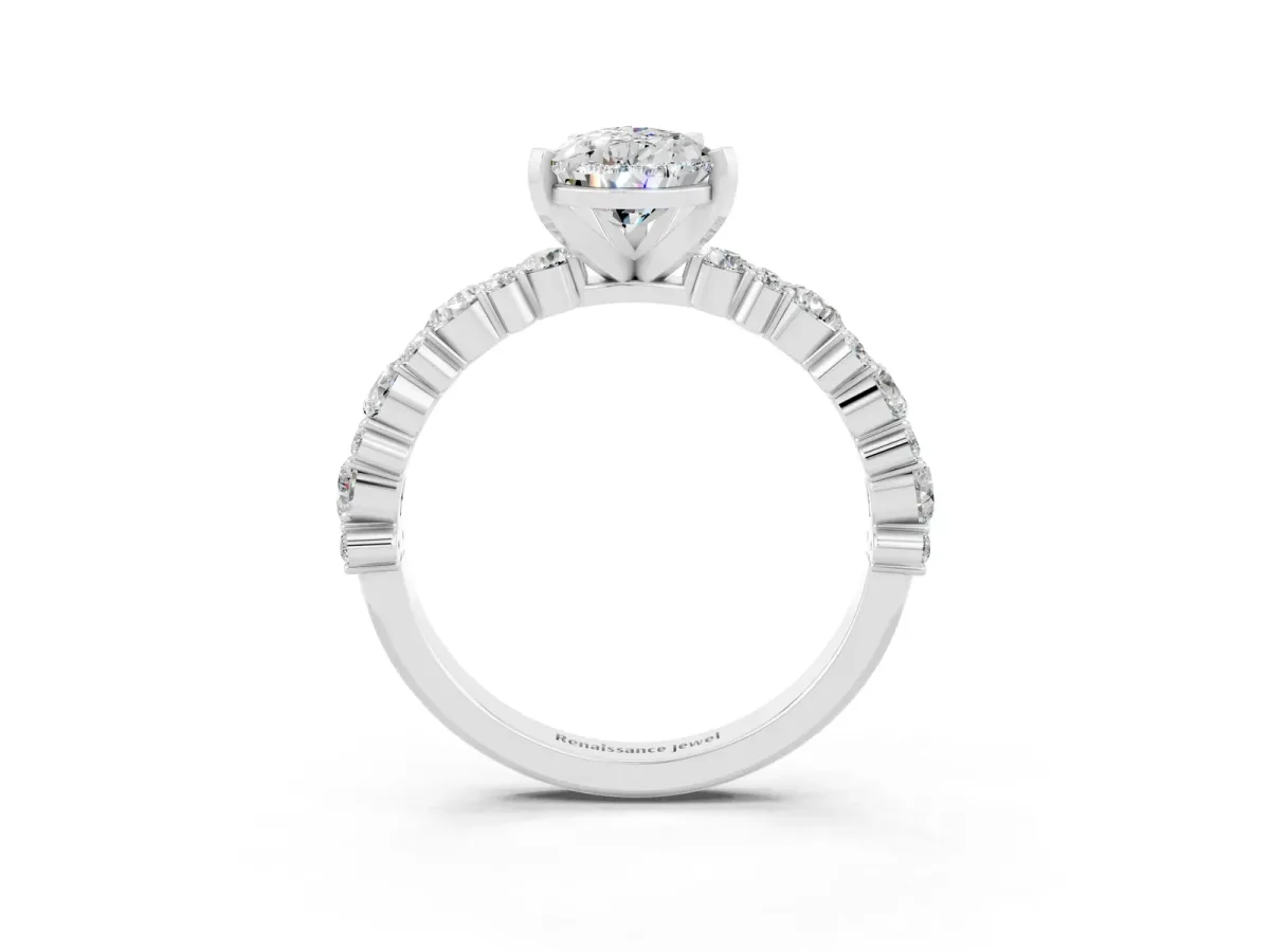Pear Cut Moissanite Side Stone Solitaire Ring with Round and Four-Prong Setting White gold