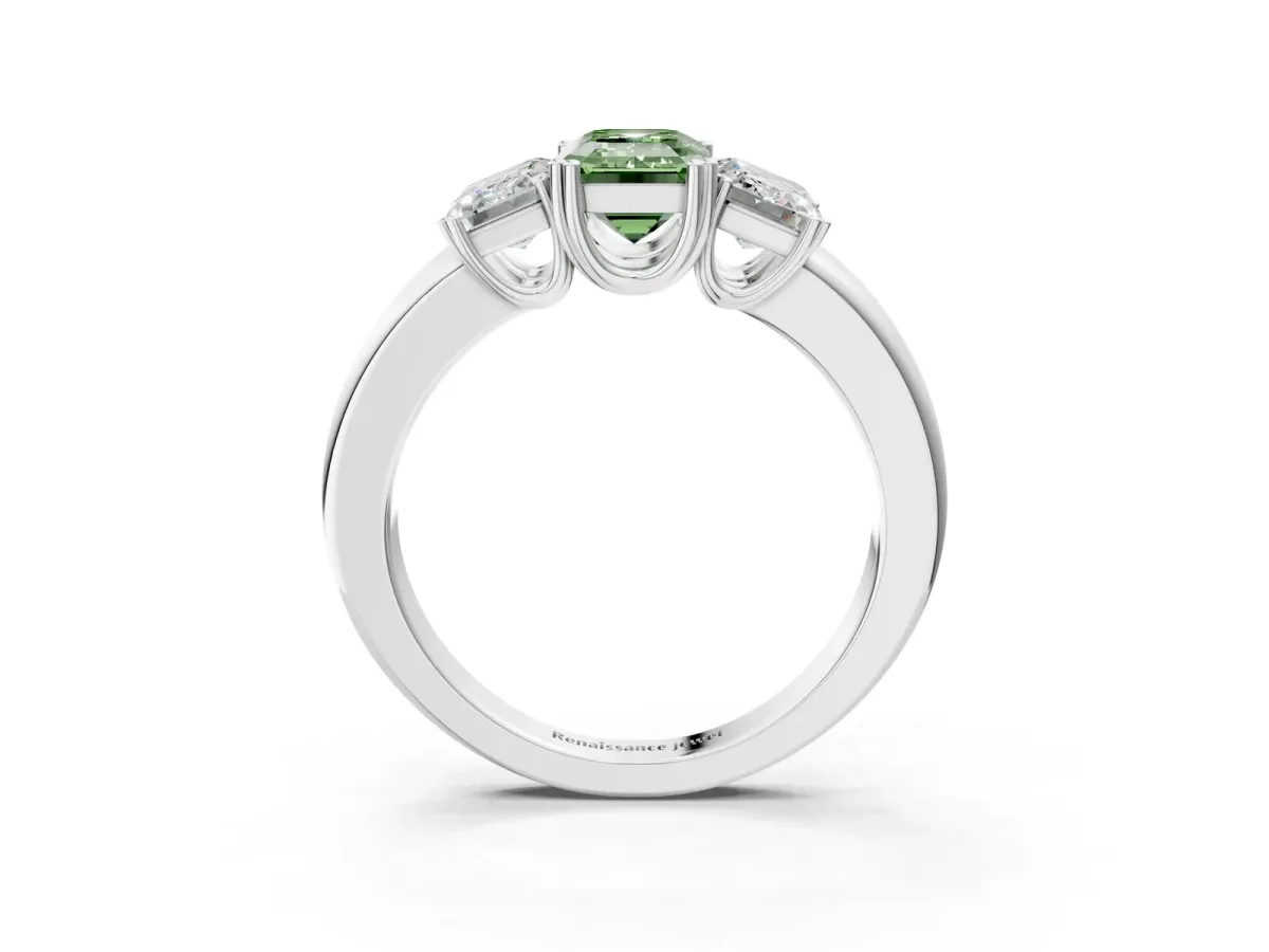 Fancy Green Three-Stone Emerald Cut Cut Diamond Ring with Channel Set Band and Four-Prong Setting Silver