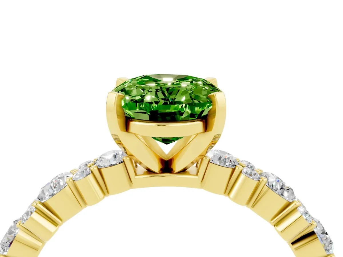 Oval Cut Peridot Side Stone Solitaire Ring with Round and Four-Prong Setting Yellow gold