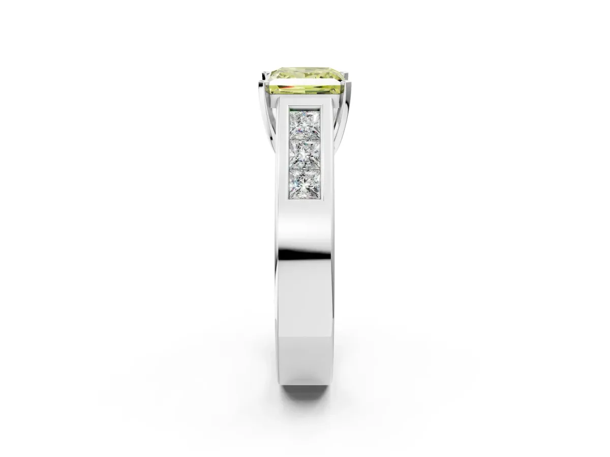 Fancy Yellow Princess Cut Cut Channel Set Solitaire Ring with Four-Prong Setting Silver