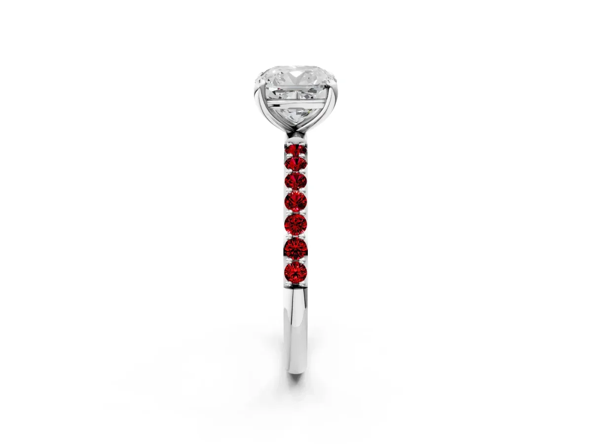 Cushion Cut Diamond Solitaire Ring with Round Ruby Pavé Band and Prong Setting Silver