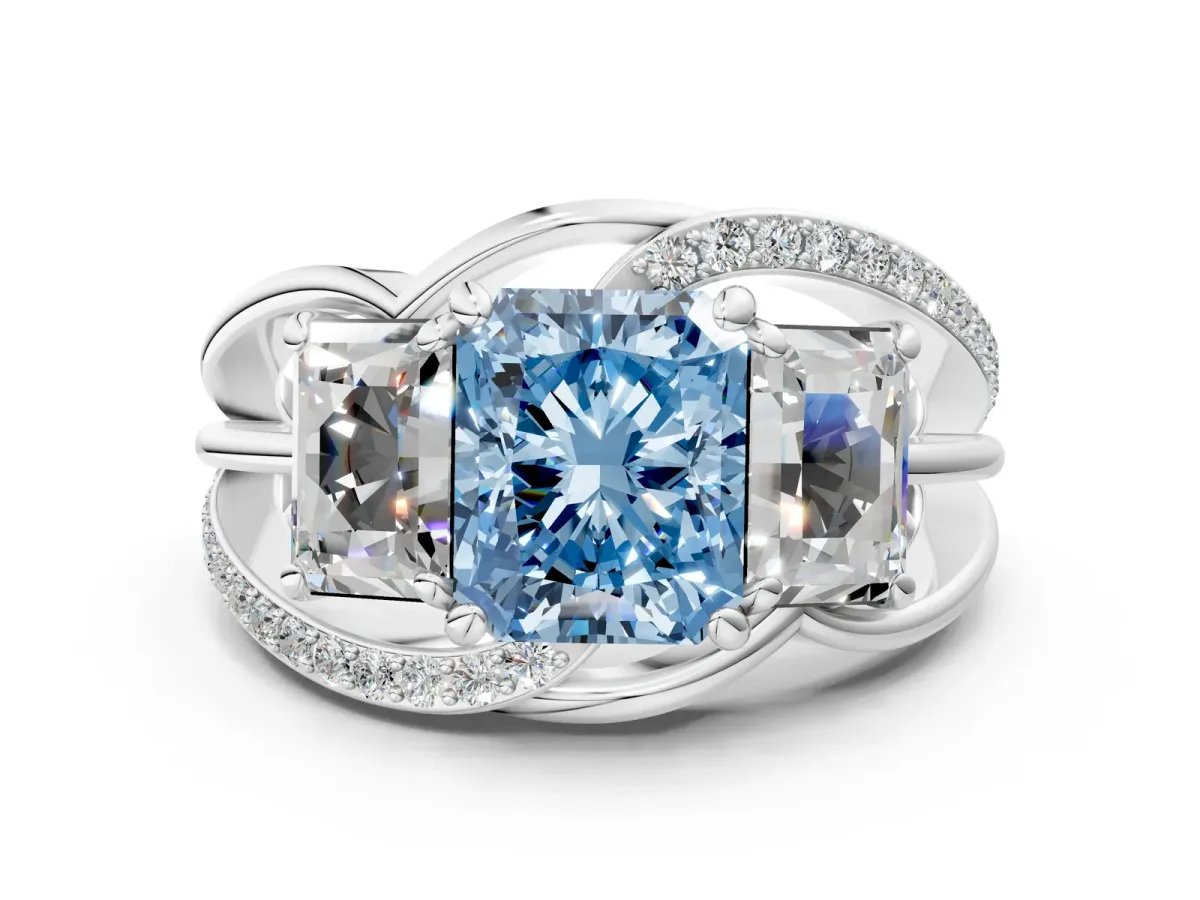 Fancy Blue Three-Stone Radiant Cut Cut Diamond Split Shank Prong Set Ring Platinum