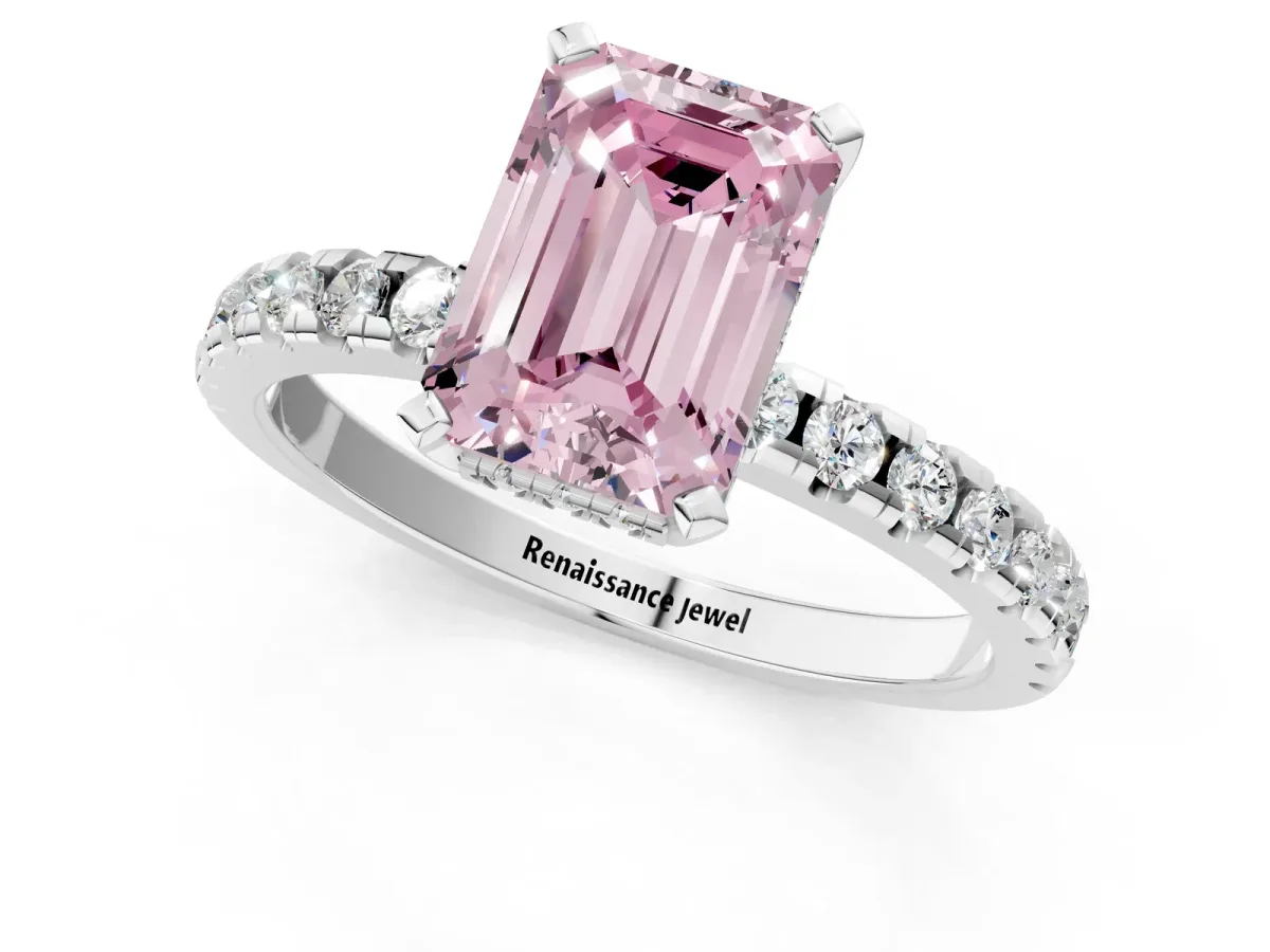 Fancy Pink Emerald Cut Diamond Solitaire Ring with Round Pavé Band and Four-Prong Setting Silver