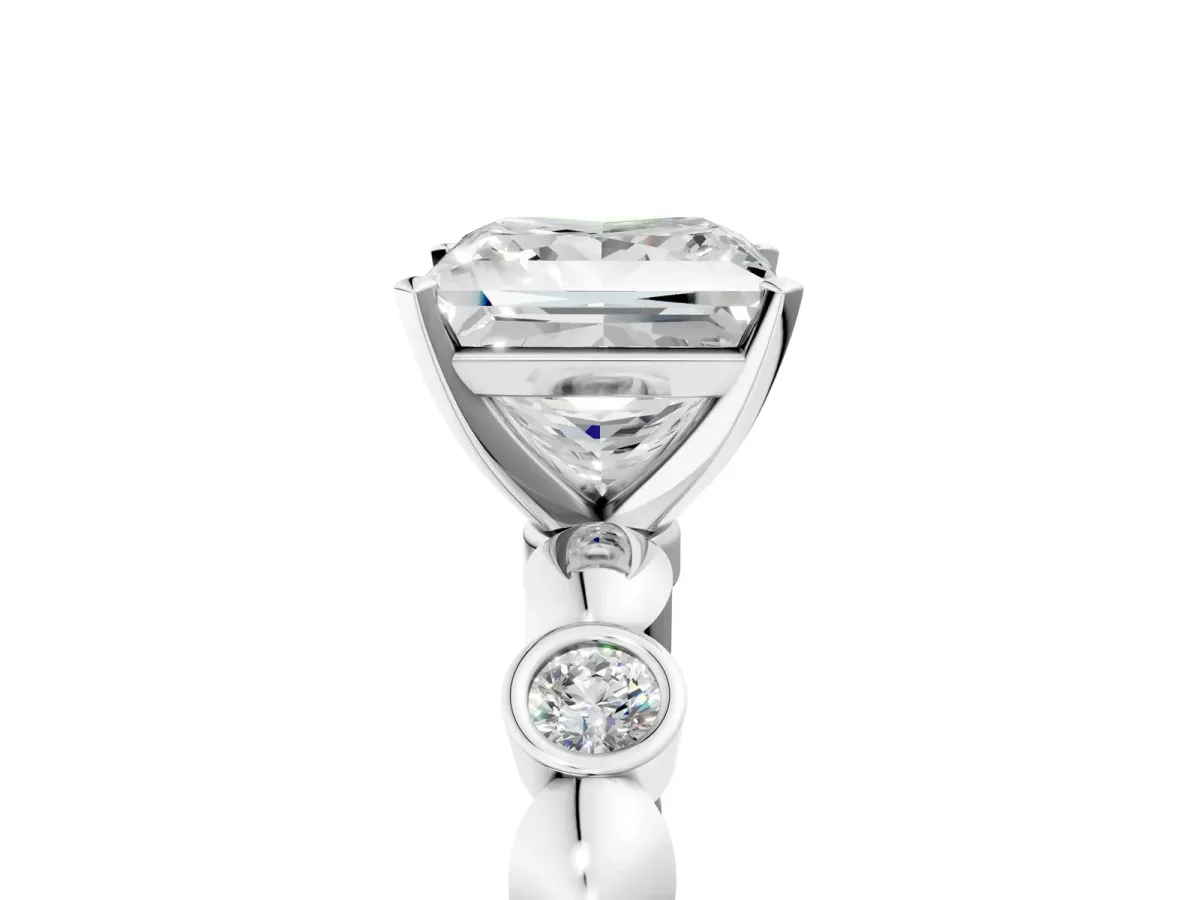 Princess Cut Solitaire Bezel-Set Diamond Ring with Beaded Band and Four-Prong Setting Silver