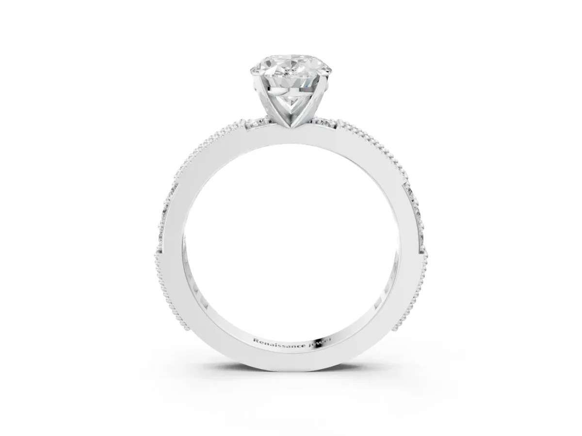 Oval Cut Solitaire with Pavé Band and Four-Prong Setting White gold