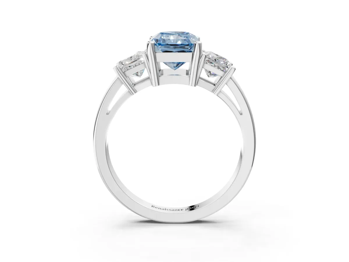 Fancy Blue Three-Stone Radiant Cut Cut Solitaire Ring with Prong Setting Platinum