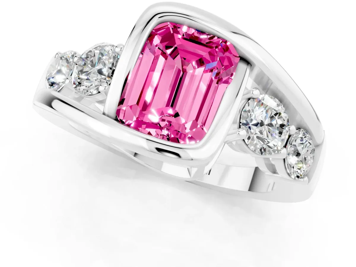 Bezel Set Emerald Cut Pink Sapphire Bypass Ring with Round Accents Platinum