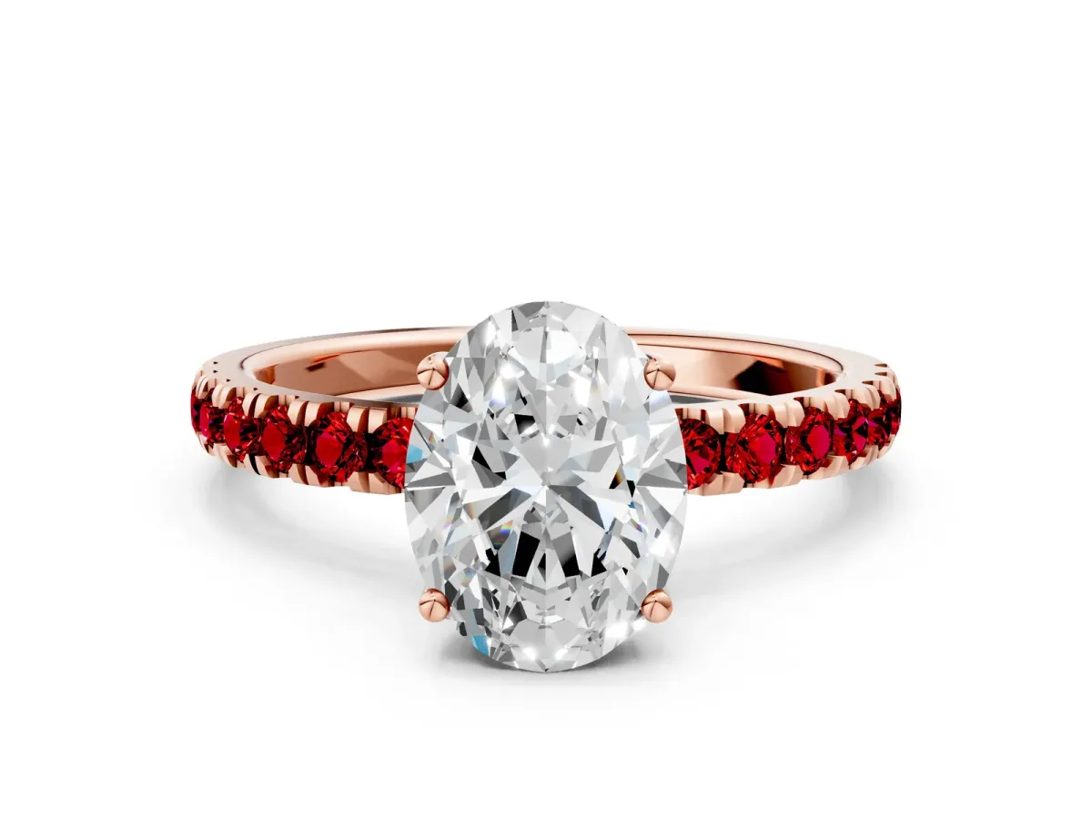Oval Cut Diamond Pave Band Solitaire Ring with Round Ruby and Prong Setting Rose gold