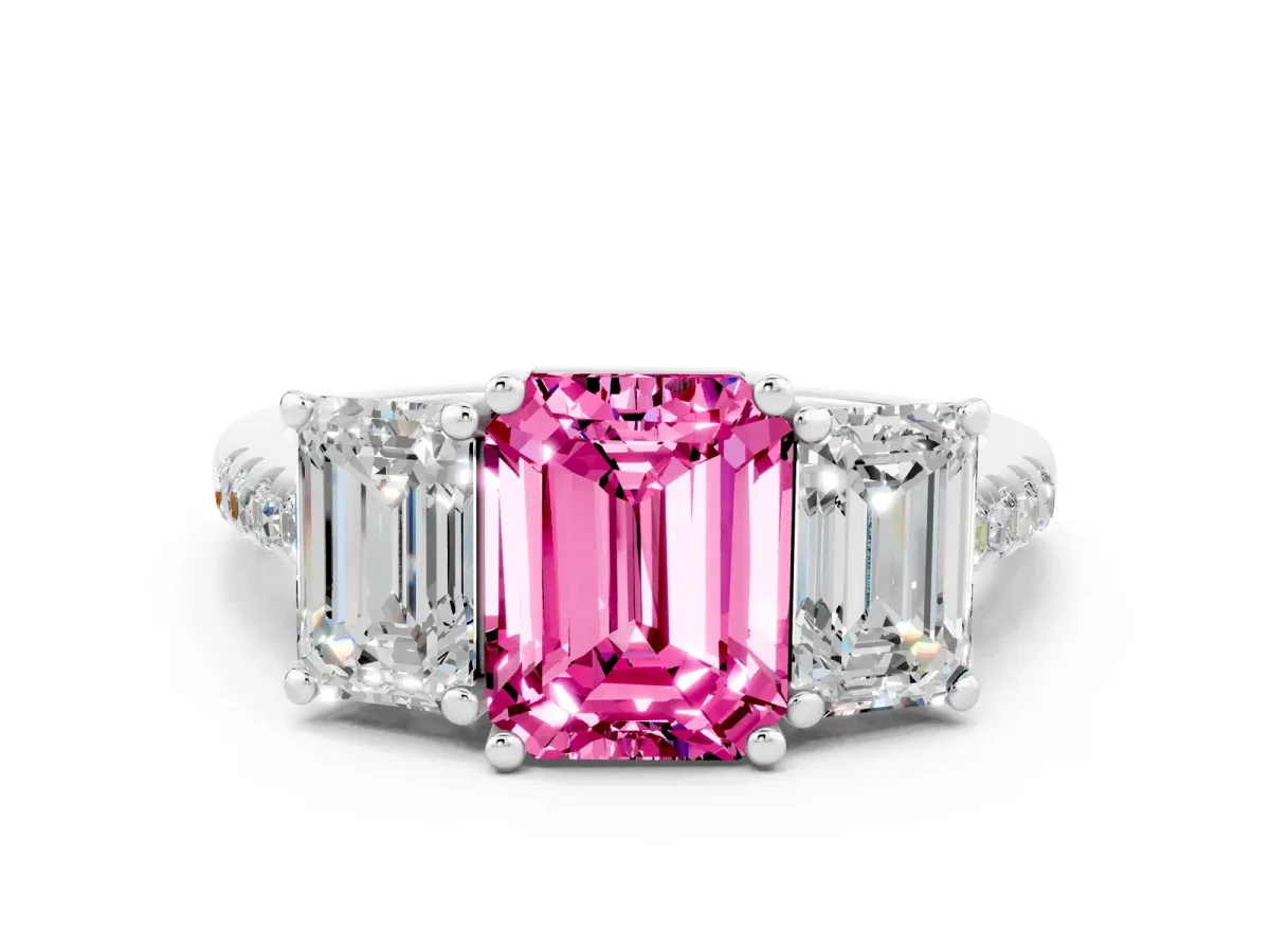 Three-Stone Emerald Cut Pink Sapphire Ring with Round Pavé Band and Prong Setting Silver