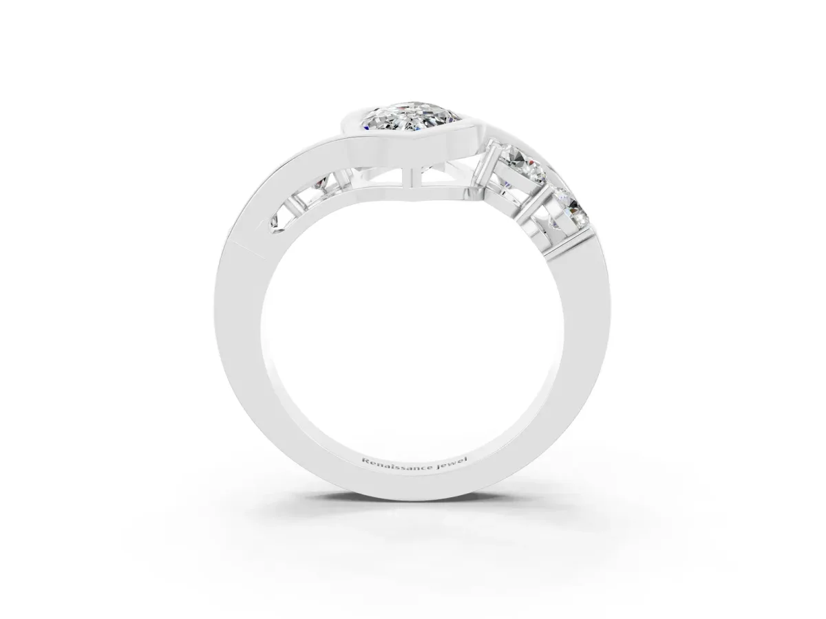 Bezel Set Marquise Cut Moissanite Bypass Ring with Round Accents Silver