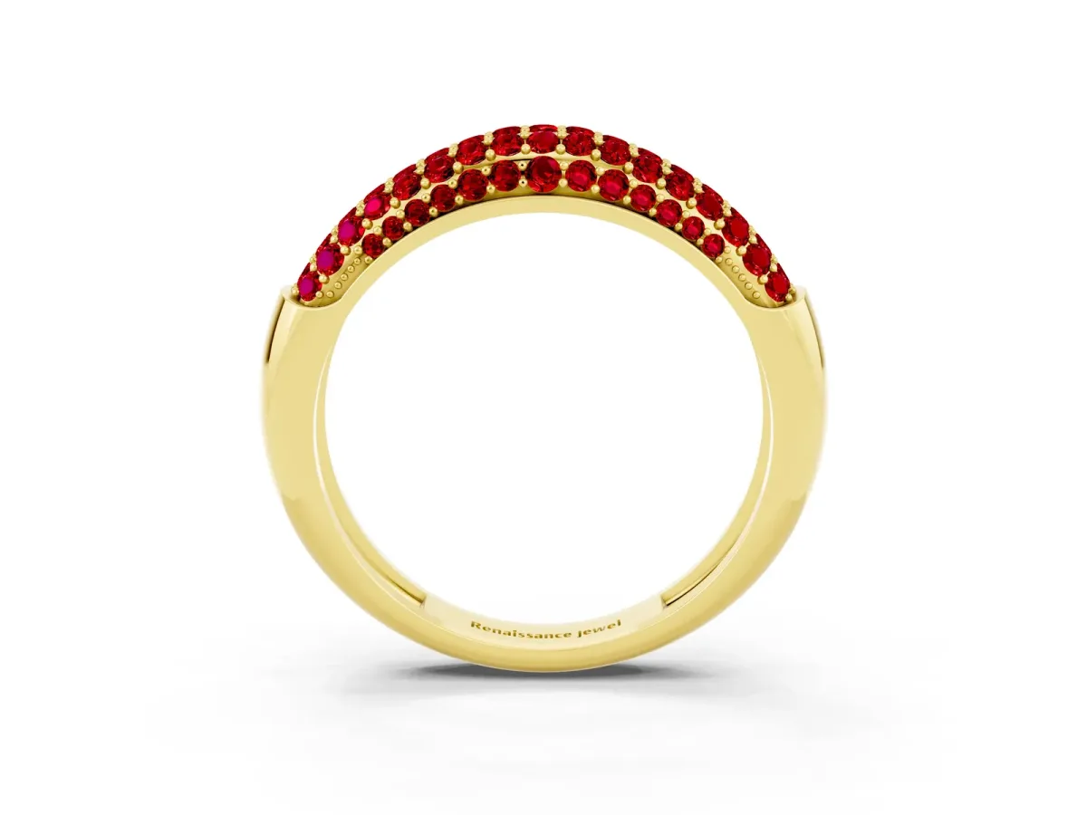 Three-Row Pavé Round Ruby Dome Band Yellow gold