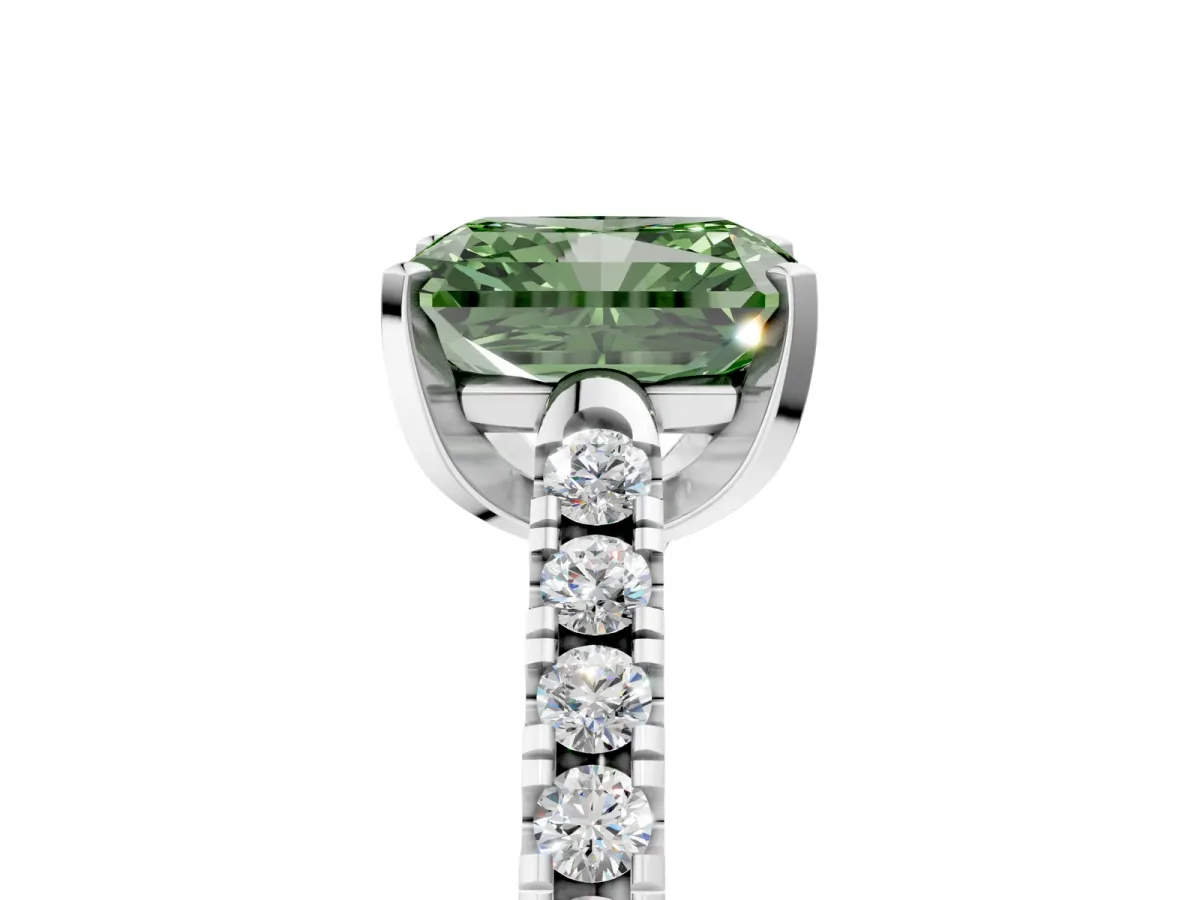 Fancy Green Radiant Cut Diamond Pavé Band Solitaire Ring with Prong Setting Platinum