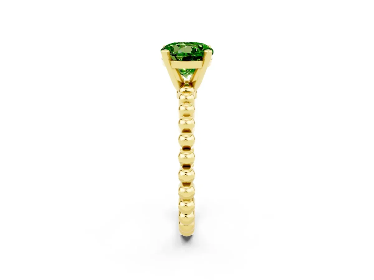 Round Cut Peridot Solitaire Ring with Beaded Band and Prong Setting Yellow gold
