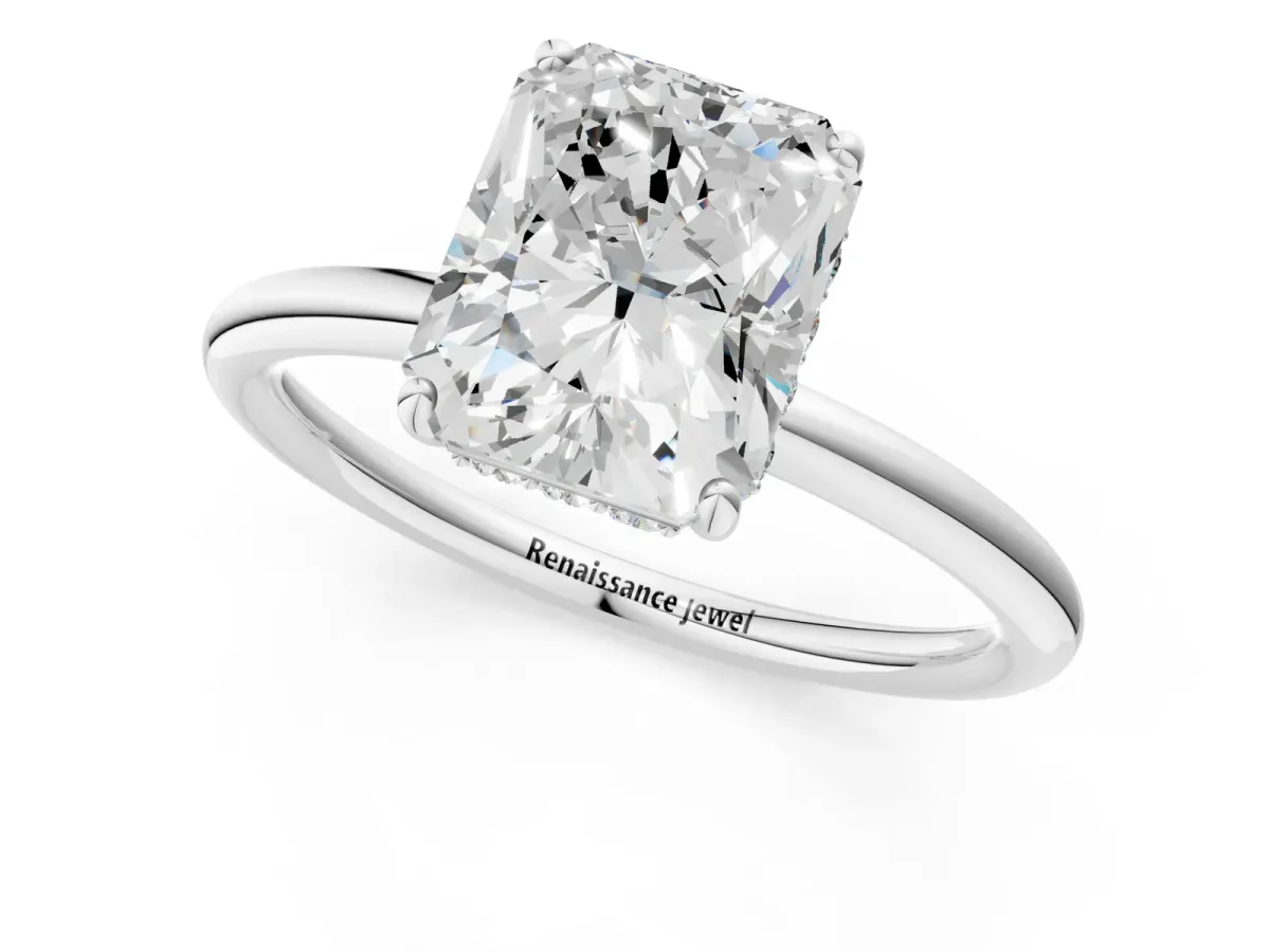 Radiant Cut Solitaire Diamond Ring with a Classic Band and Four-Prong Setting Platinum