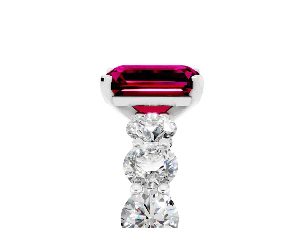 Emerald Cut Garnet Prong Setting with Side Stones on a Pave Band Platinum