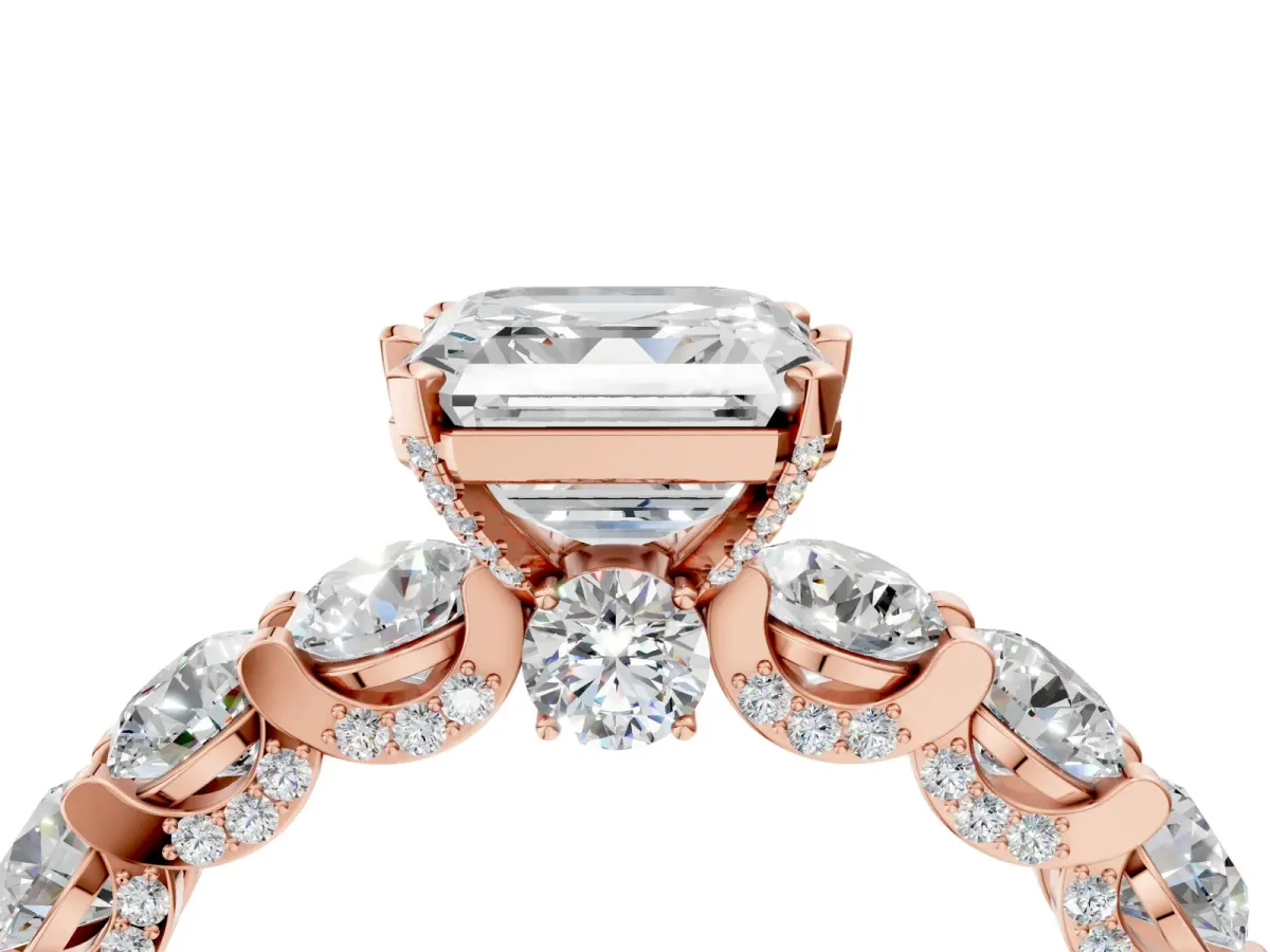 Asscher Cut Diamond Side Stone Engagement Ring with Four-Prong Setting Rose gold