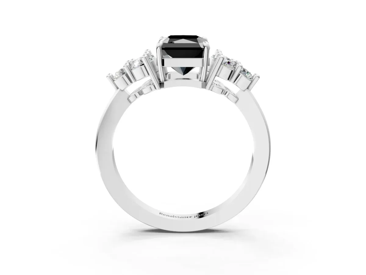 Fancy Black Radiant Cut Brilliant Diamond Cluster Accent Solitaire Ring with Prong Setting Platinum