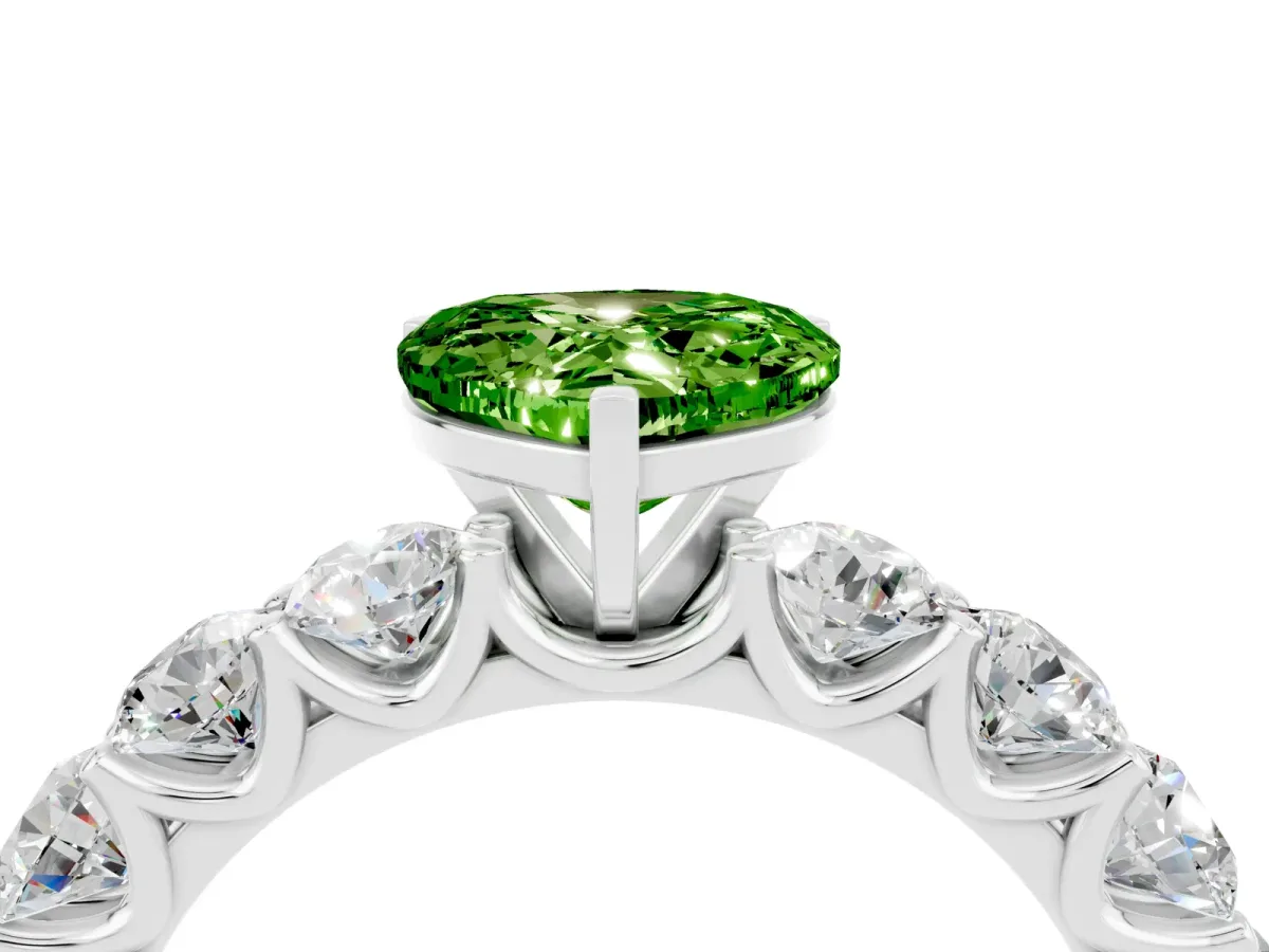 Heart Cut Peridot Prong Setting with Side Stones on a Pave Band Silver