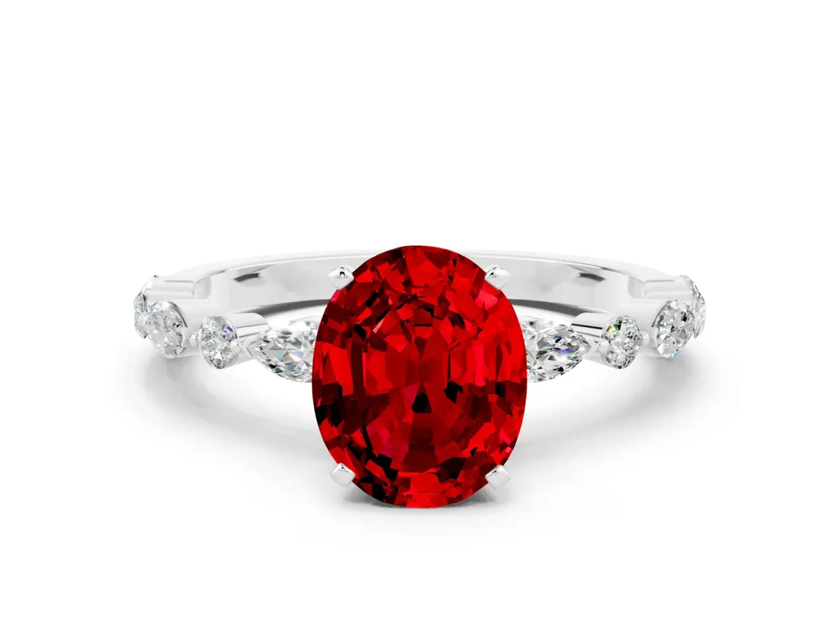 Oval Cut Ruby Ring with Marquise and Round Side Stones and Four-Prong Setting White gold