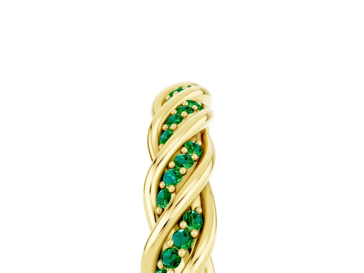 Twisted Pavé Round Emerald Eternity Band with Shared Prong Setting Yellow gold