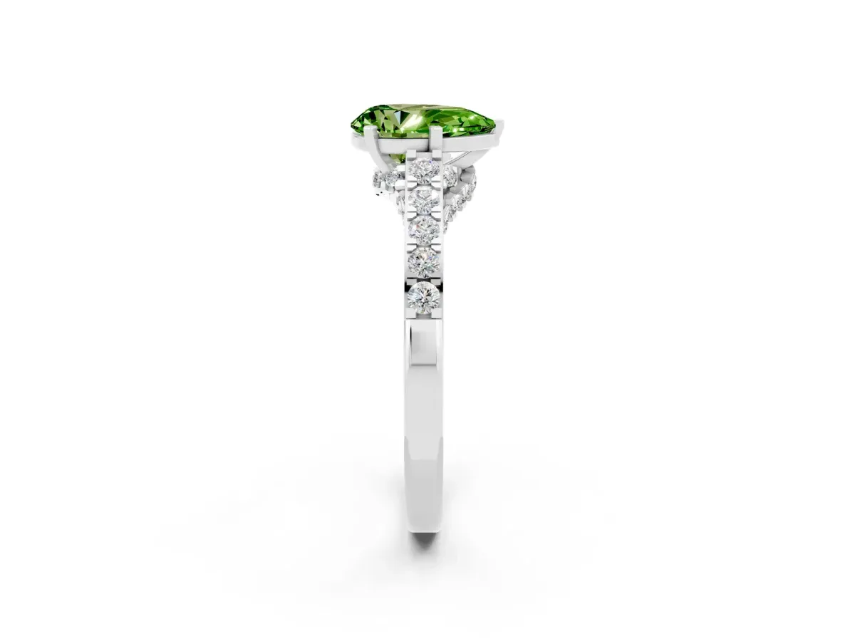 Pear Cut Peridot Solitaire Ring with Crossover Gallery and Round Pavé Band Silver