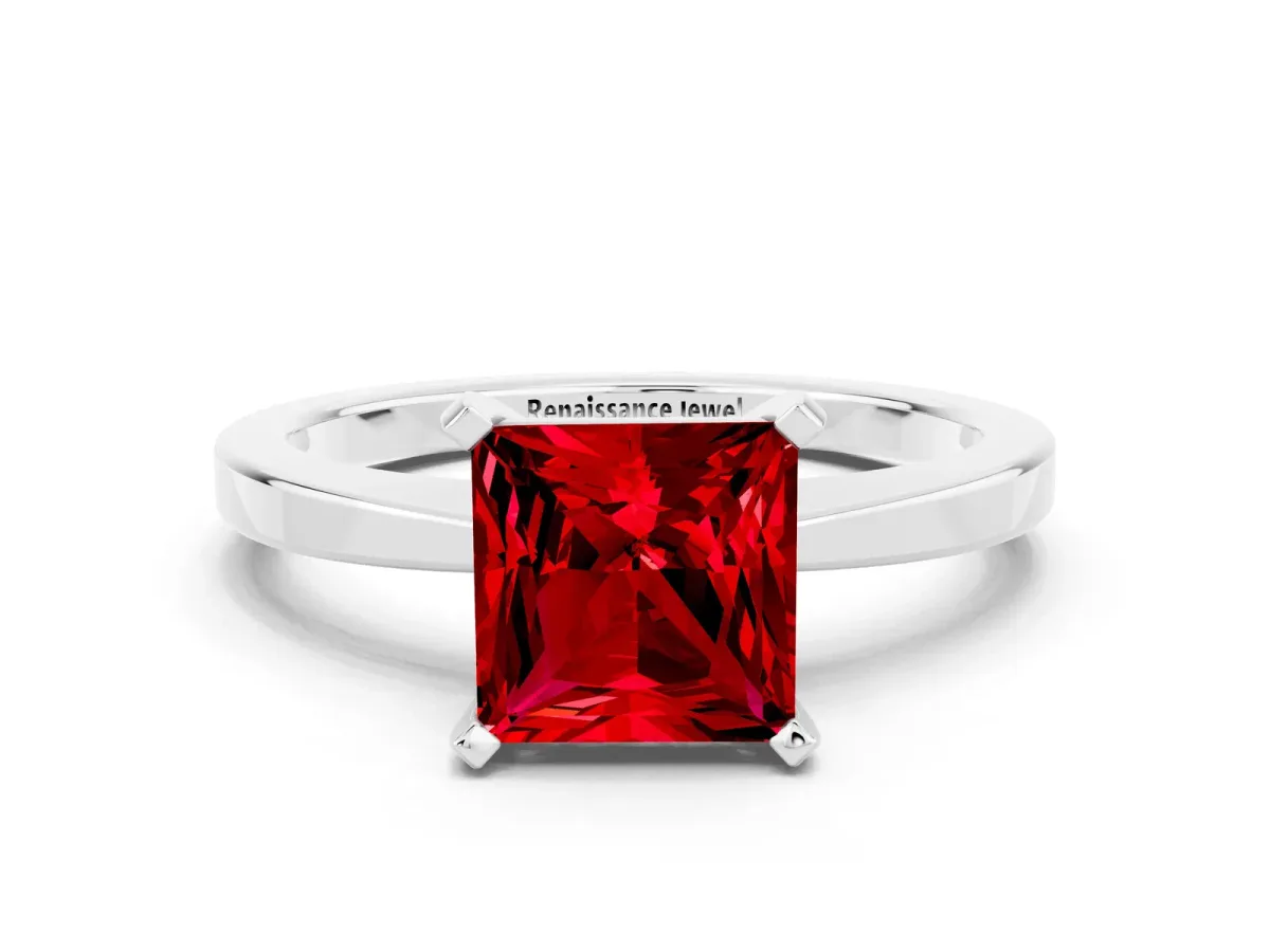 Princess Cut Ruby Solitaire Engagement Ring with Classic Band and Four-Prong Setting Silver