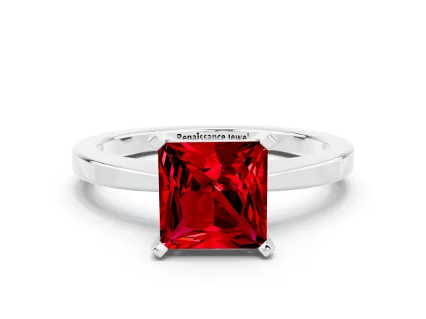 Princess Cut Ruby Solitaire Engagement Ring with Classic Band and Four-Prong Setting Silver