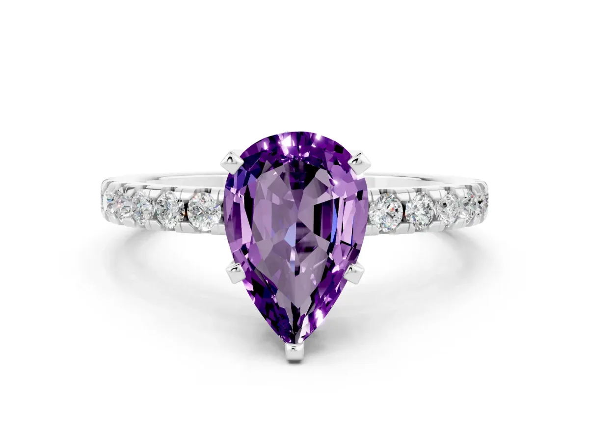 Pear Cut Amethyst Solitaire Ring with Round Pavé Band and Four-Prong Setting Silver