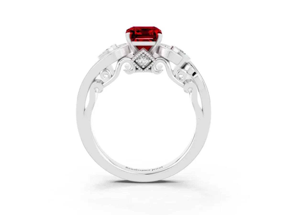 Emerald Cut Ruby Solitaire Ring with Milgrain Pavé Band and Four-Prong Setting Silver