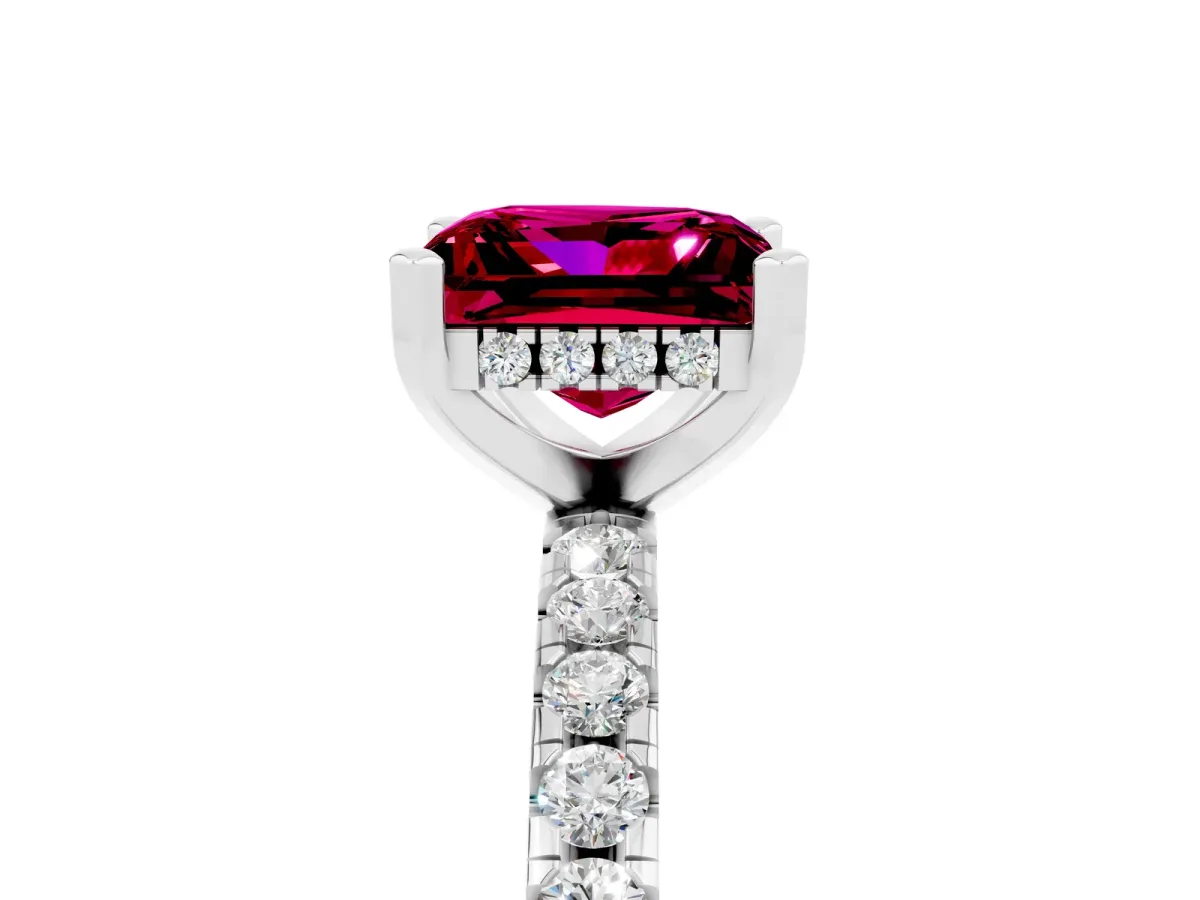 Princess Cut Garnet Solitaire Ring with Round Pavé Band and Four-Prong Setting Silver