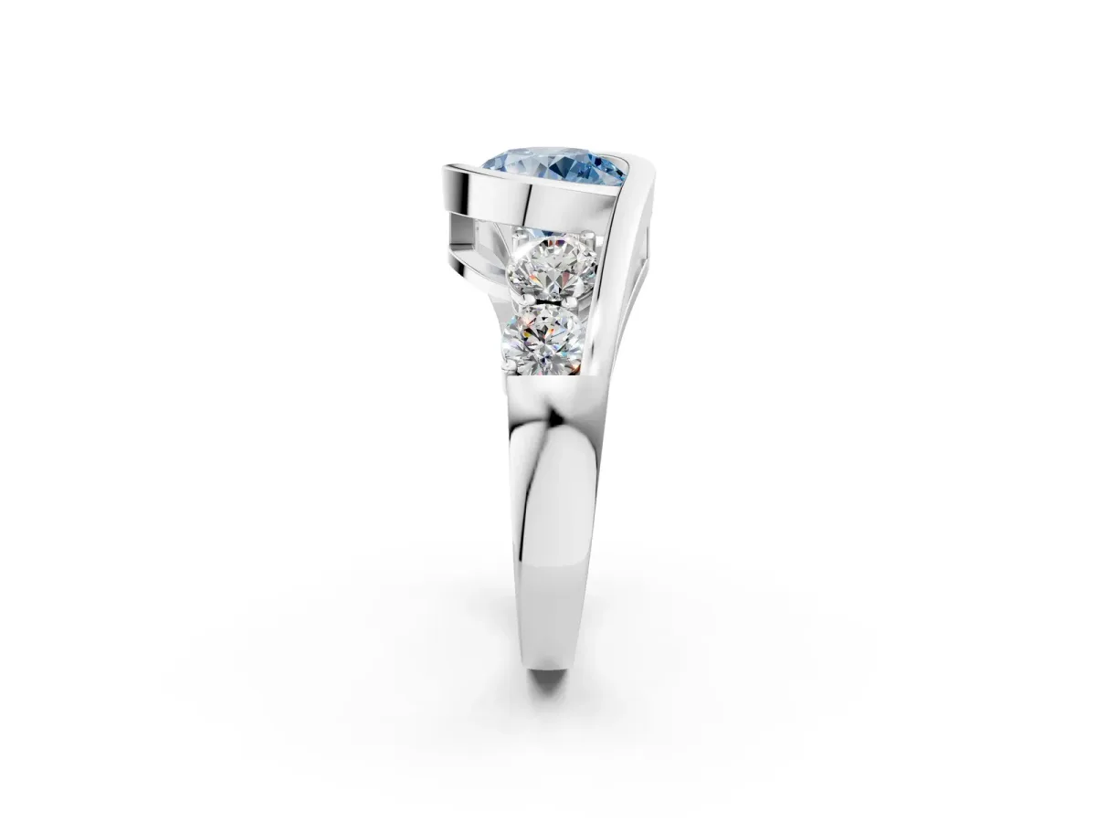 Fancy Blue Bezel Set Round Cut Diamond Bypass Ring with Round Accents Platinum