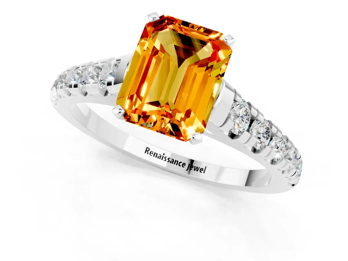 Emerald Cut Citrine Cathedral Solitaire Ring with Round Pavé Band White gold