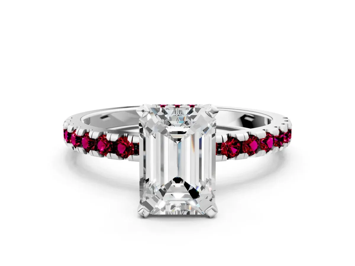 Emerald Cut Diamond Solitaire Ring with Round Garnet Pavé Band and Four-Prong Setting Silver